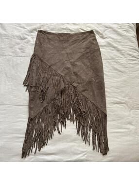 Y2K Brown Suede Leather Fringe Skirt Western Boho Asymmetrical Midi Skirt